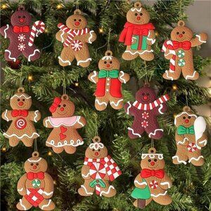 12pcs Gingerbread Man Ornaments for Christmas Tree, Assorted Plastic Gingerbread